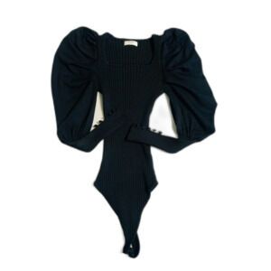 Thinkable Black Sweater Puff Sleeve Bodysuit Large Rusched Whimsigoth Cozy